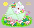 Greeting card with Easter day congratulations. Letter with cute happy rabbit holding festive egg. Modern print with lettering.