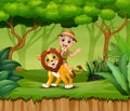 Cartoon Zookeeper boy and a lion in jungle Royalty Free Stock Photo