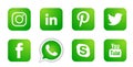 Set of popular social media logos icons in green Instagram Facebook Twitter Youtube WhatsApp element vector on white background