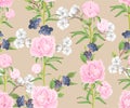 Seamless pattern with pink peonies, cotton flowers and arnica berries