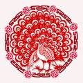 Red Chinese peacock paper in the blooming flowers frame
