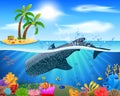 Whale shark cartoon with underwater view and coral background Royalty Free Stock Photo