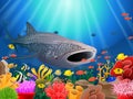 Whale shark cartoon with underwater view Royalty Free Stock Photo