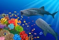 Whale shark cartoon with underwater view and coral background Royalty Free Stock Photo