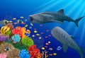 Whale shark cartoon with underwater view and coral background