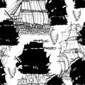 Seamless vector pattern with black silhouettes of old sailing ships and frigates on white Royalty Free Stock Photo
