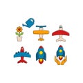 Flower pot, airplane, space shuttle, rocket with two hands vector colorful cartoon icon set. Royalty Free Stock Photo