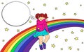 Sad kid on the rainbow. The girl was offended, sad and crying. With speech bubble. Vector