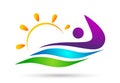 People sun sea wave water wave winning swimming logo team work celebration wellness icon vector designs on white background Royalty Free Stock Photo