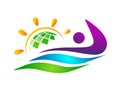 People globe sun sea wave water wave winning swimming logo team work celebration wellness icon vector designs on white background Royalty Free Stock Photo