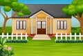 Cartoon house with green yard and wooden fence