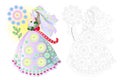 Fantasy drawing of beautiful girl in elegant wedding dress. Colorful and black and white page for coloring book. Greeting card. Royalty Free Stock Photo