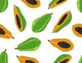 Seamless pattern of fresh papaya set on white background