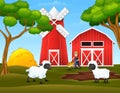 Cartoon happy farmer and sheep in the farm