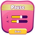 Pause menu scene pop up with sound music and buttons