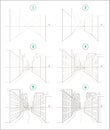 Page shows how to learn step by step to create pencil drawing of meandering town street with houses in perspective.