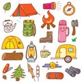 Camping kawaii doodle set isolated on white background