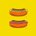Two classic hot dogs on a yellow background.Fast food.