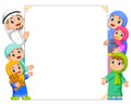 A happy family and a baby is holding the white banner Royalty Free Stock Photo