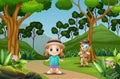 Cartoon children exploring in the forest Royalty Free Stock Photo