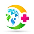 Medical care cross globe family health concept logo icon element sign on white background