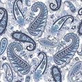 Oriental paisley pattern. Blue and white seamless wallpaper.