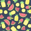 Seamless pattern with abstract watermelons, pineapples and ice cream.