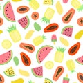 Light seamless pattern with different tropical fruits. Royalty Free Stock Photo