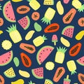 Light seamless pattern with different tropical fruits. Royalty Free Stock Photo