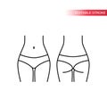 Woman figure, front and back, belly and buttocks line vector illustration.