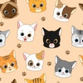 Cute Smiling Cat Head Seamless Pattern, Vector Illustration