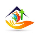 Church care globe people with hand home house logo icon cross love symbol on white background