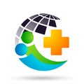 Medical people care cross globe family health concept logo icon element sign on white background