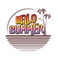 Hello Summer Logo - Summer Sunset At Beach - Vector Illustration