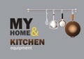 Kitchen cooking tools hanging on the gray wall of the house Royalty Free Stock Photo