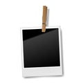 Realistic blank retro photo frame with wooden clip, Vector illustration Royalty Free Stock Photo