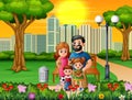 Funny cartoon family in the beautiful park