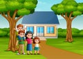 Cartoon family in front of the house yard