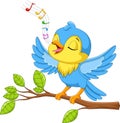 Illustration of Cute little bird sings on a tree branch