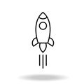 Outline rocket ship with fire. Isolated on white. Flat line icon. Vector illustration with flying rocket. Space travel. Project st Royalty Free Stock Photo