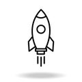 Outline rocket ship with fire. Isolated on white. Flat line icon. Vector illustration with flying rocket. Space travel. Project st Royalty Free Stock Photo