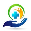 Globe medical health hand care cross people healthy life care logo design icon on white background Royalty Free Stock Photo