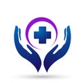 Globe medical health hand care cross people healthy life care logo design icon on white background Royalty Free Stock Photo