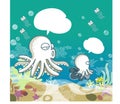 Octopus Mom&Son and colorful coral reef in the ocean - vector