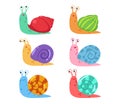 Cute cartoon snail vector set with different shells