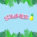 Summer background with text tropical leafs and pineapple - paper art vector illustration