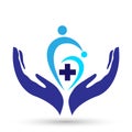 Family medical healthy life cross clinic hands care logo parent kids love, protect symbol icon design vector on white background