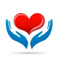 Heart care love protect save compassion hand taking care people love donation heart icon element vector logo on white background