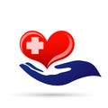 Heart care medical healthy heart hand taking care people heart icon element vector logo on white background