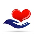 Heart care love protect save compassion hand taking care people love donation heart icon element vector logo on white background Royalty Free Stock Photo